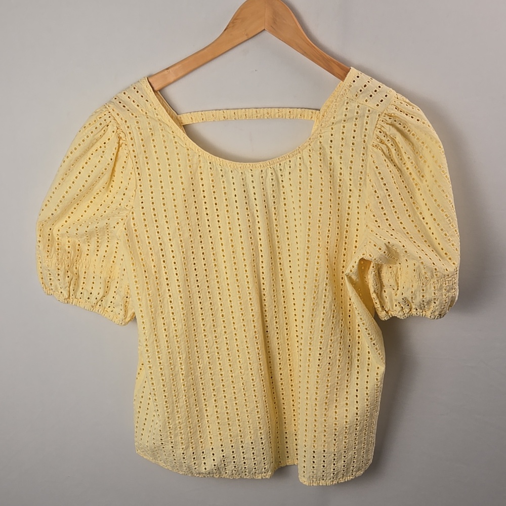 LOFT Yellow Eyelet Cutout Back Bubble Sleeve Blouse L Cottagecore Boho Coastal